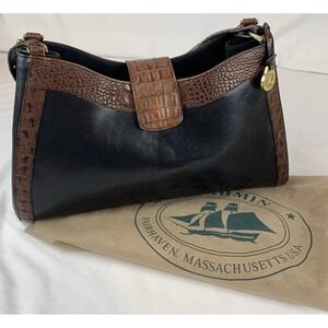 Vtg 90's Brahmin Avery Shoulder Bag/Brown Embossed Leather Trim Dust Bag Include